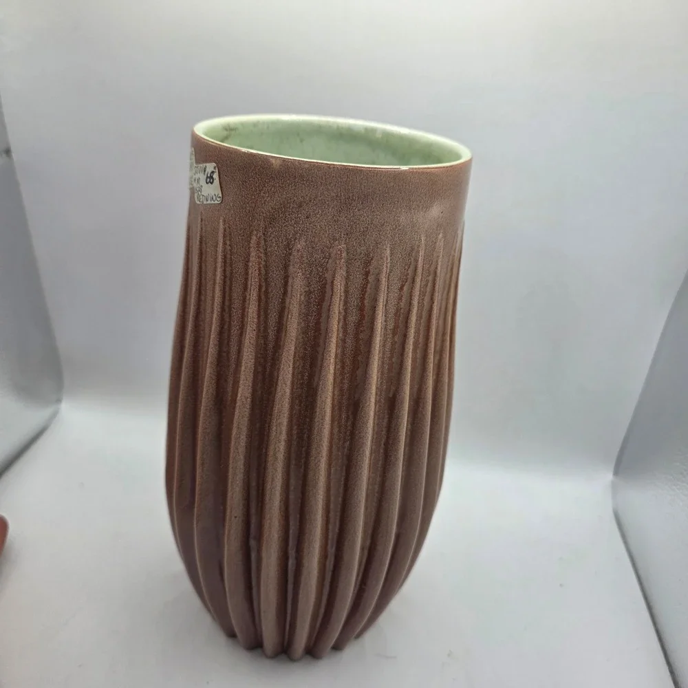 Vintage Red Wing Charles Murphy MCM Ribbed Art Pottery Vase Brown Green